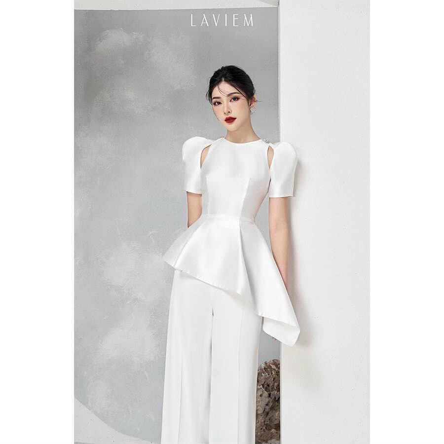 (FreeShip) Sét bộ nữ thiết kế tay phồng khoét vai đính hoa,ôm eo xéo tà cực sang mix quần ống suông