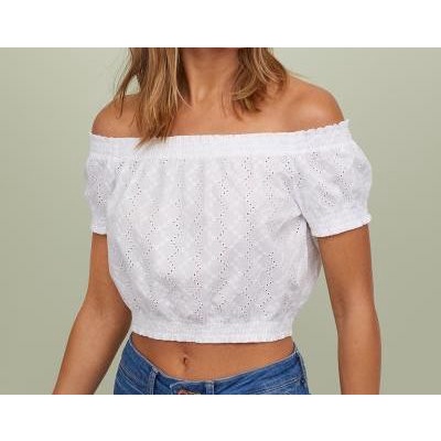 Áo croptop trễ vai thêu hoa HM
