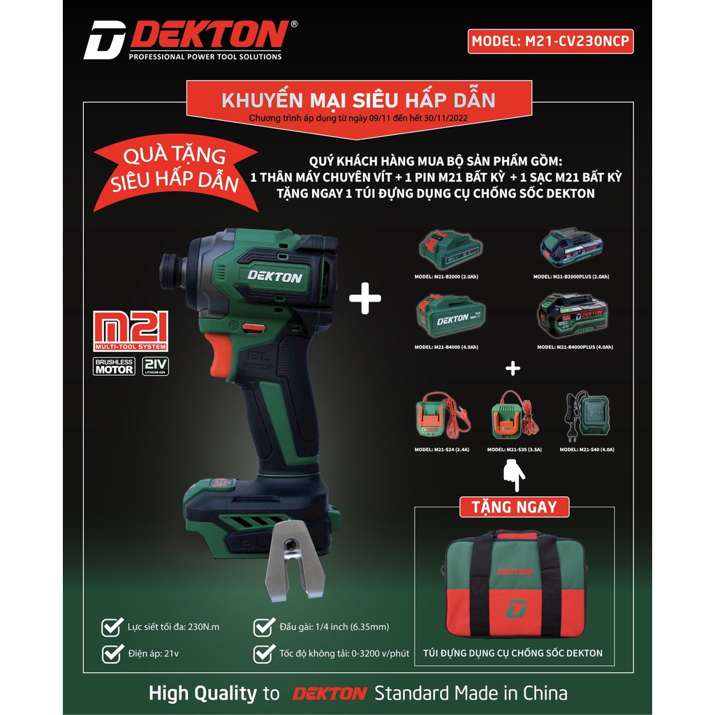 Máy Bắn Vít Dùng Pin Dekton M21-CV230NCP - Lực Siết 230Nm - Motor Brushless - Chân Pin Phổ Thông