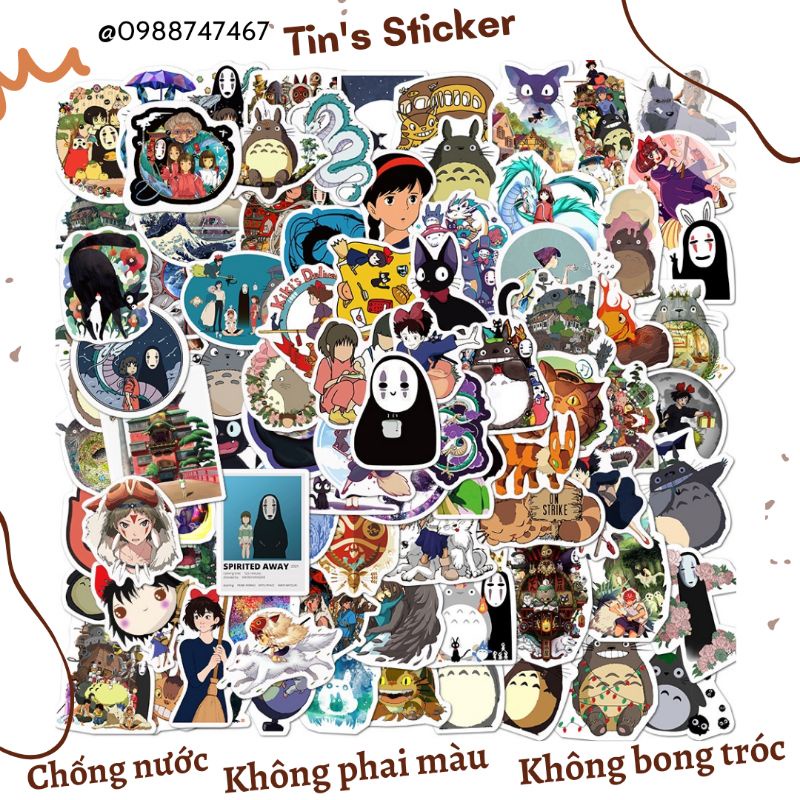 Set combo 50 miếng dán sticker Totoro Spirited Away chống thấm nước dán nón mũ bảo hiểm laptop vali sổ sách xe máy đàn