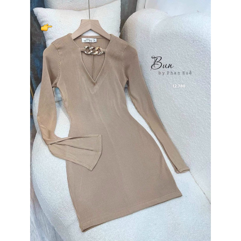 Đầm tay dài cổ tim xích cổ ôm body dáng ngắn cực hot , chất thun gân mềm mịn