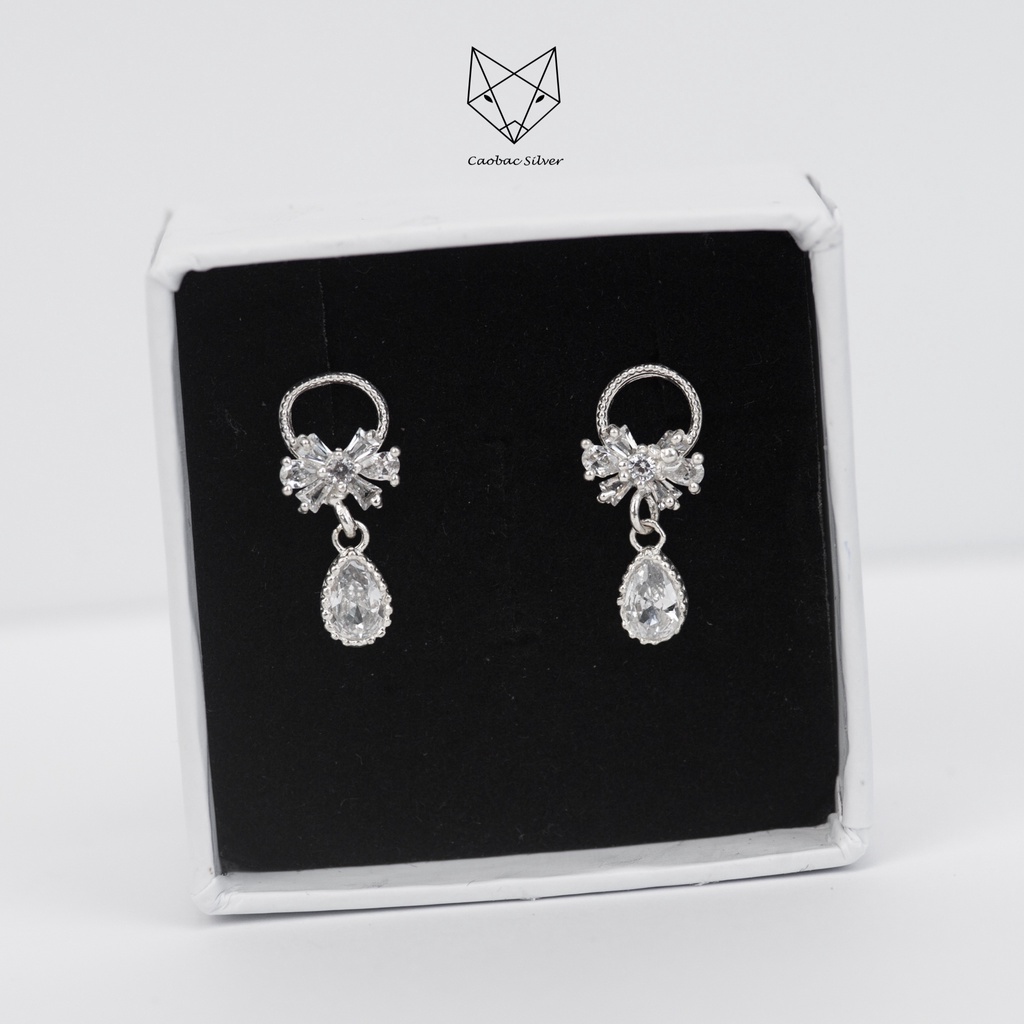 Khuyên Tai Bạc Ta Nữ CaoBac Silver Hình Nơ Thiết Kế Giọt Đá Rơi Lấp Lánh Tinh Tế, Dễ Thương Xinh Xắn Dành Cho Bạn Gái