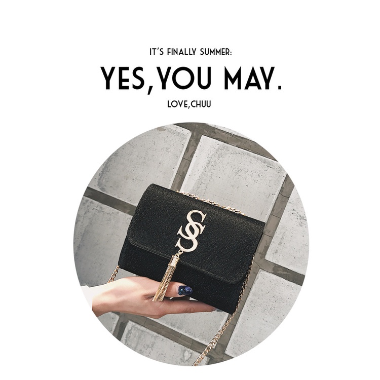 Túi Xách Đeo Vai Phối Dây Xích Phối Tua Rua Nhỏ Nhắn Xinh Xắn Thời Trang Hàn Quốc Cho Nữ