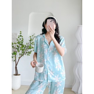 Đồ Bộ Pijama lụa mềm mịn mát, Set đồ ngủ xanh mint hoa Free Size big
