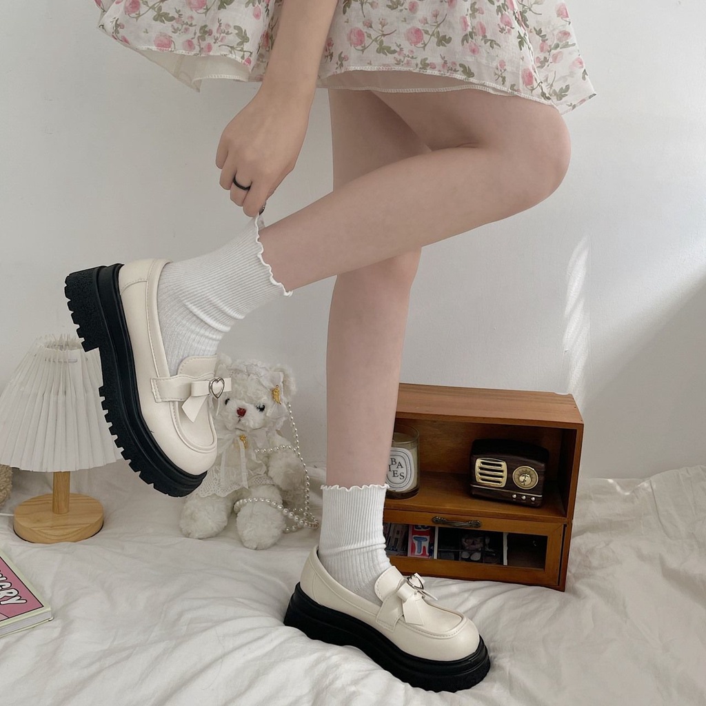 Giày Lười Da Đế Dày Đính Nơ Phong Cách Nhật Bản