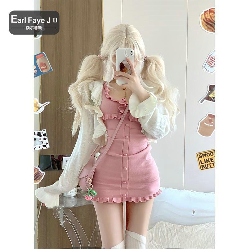 Set Đầm Hai Dây Dệt Kim + Áo Khoác Cardigan Dài Tay Màu Hồng Thời Trang Thu Đông 2022 Cho Nữ