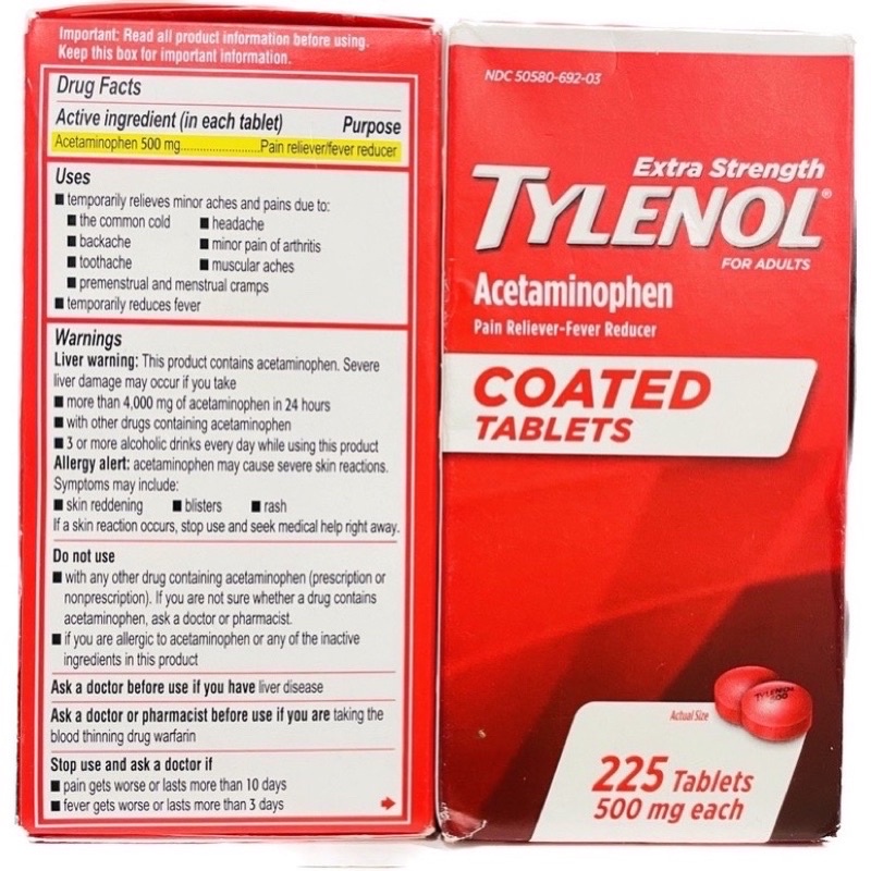 Viên uống 𝙏YLÊ𝙉ÔL Acetaminophen Extra Strength 500mg 225 Coated Tablets Mỹ