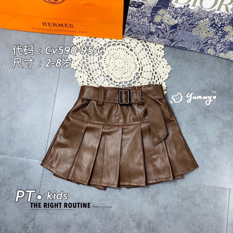 Chân váy da xếp ly kèm dây lưng xịn xò cho bé gái