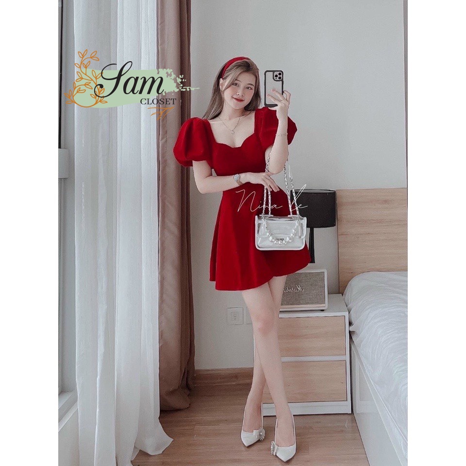Đầm Nữ Ngắn Tay Phồng Cổ Chử U Hở Lưng (Có Mút Ngực) Thời Trang Nữ Sam Closet Free Size 40-55kg