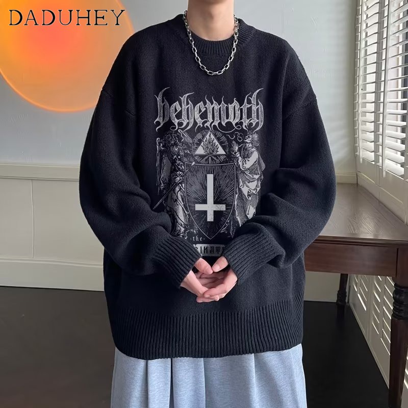 DaDuHey Men's Autumn and Winter Hong Kong Style Contrast Color Pullover Knitwear Trendy Loose round Neck Sweater Bottoming Shirt