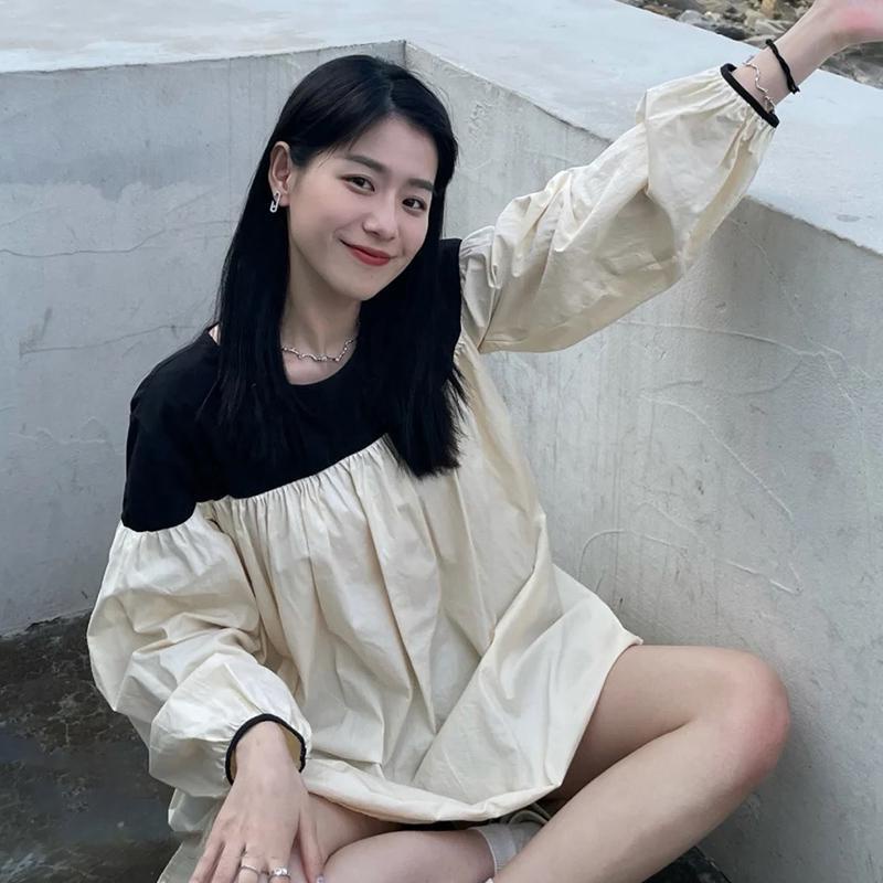 Áo Sơ Mi Oversize Màu Sắc Tương Phản Phong Cách retro Dành Cho Nữ