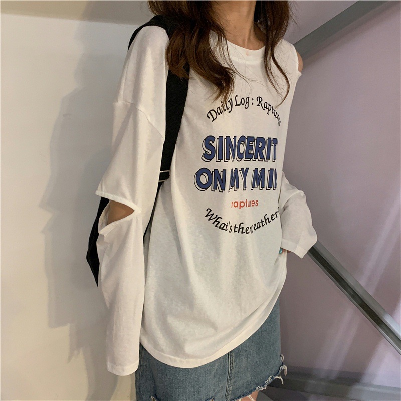 IELGY Áo Thun Nữ Dài Tay In Chữ Khoét Lỗ Thời Trang