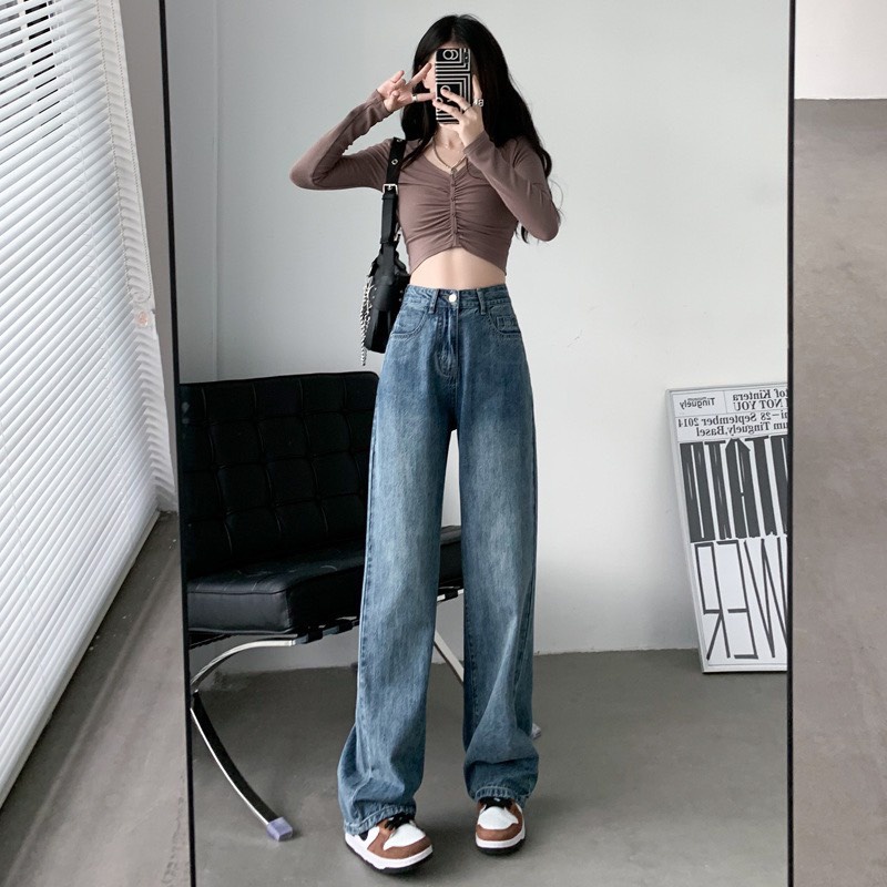 Quần bò jean ống rộng suông xuông nữ jeans cạp cao phong cách Hàn Quốc sành điệu style | BigBuy360 - bigbuy360.vn