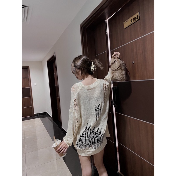 Áo Len Rách Hot Trend 2022 Áo Lưới Thu Đông Cá Tính