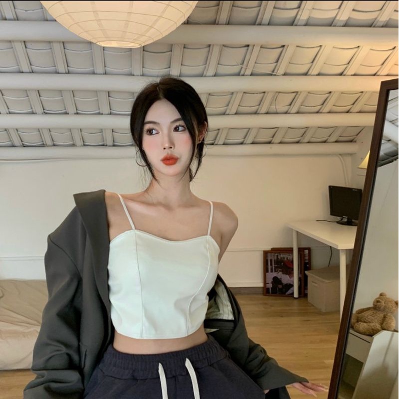 Bra da siêu chất, áo hai dây Croptop lưng chun siêu co giãn túi zip, Áo croptop da 2 dây có đệm ngực 2235