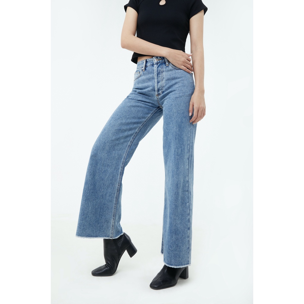 TheBlueTshirt - Quần Jeans Nữ Ống Loe Màu Xanh Đậm - City Wide Leg Jeans - Vintage Wash