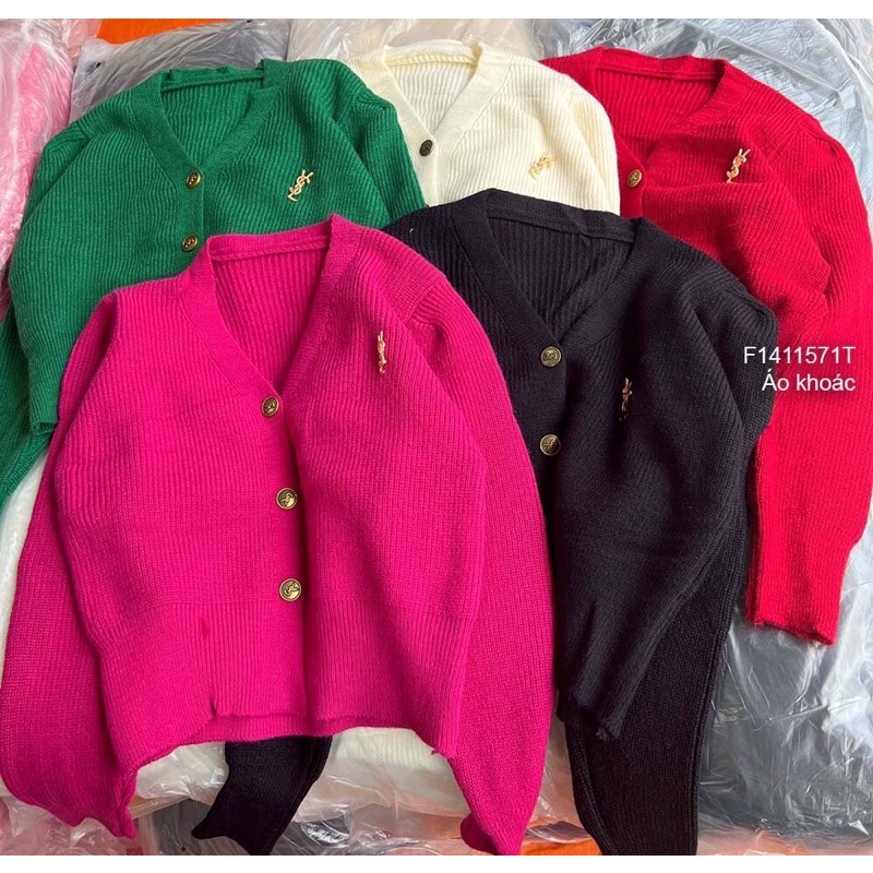Áo khoác len màu dài tay gài nút đính tag TT1411
