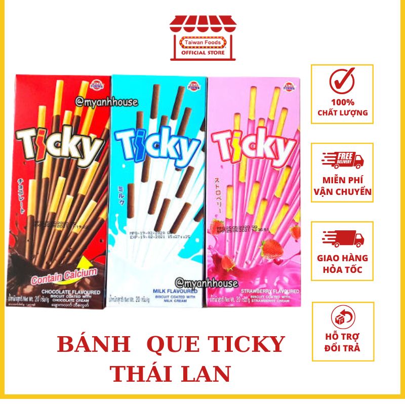 Bánh Que Ticky Thái Lan Phủ Kem 3 Vị Socola , Sữa , Dâu - Hộp 20gr 6 Que