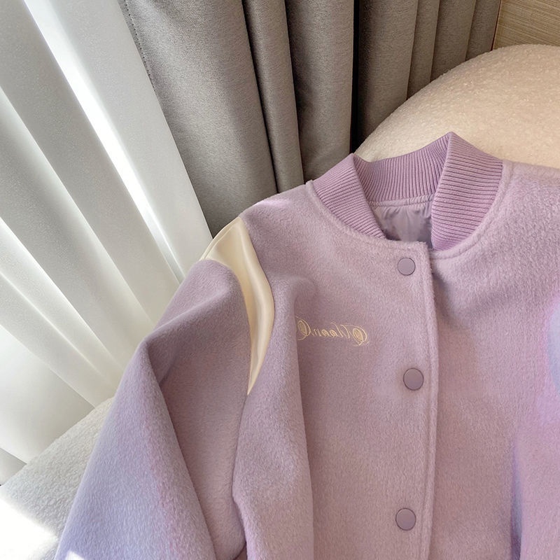 Áo Khoác Bóng Chày Cao Cấp Dáng Rộng Màu Tím Nhạt Phong Cách Retro Thanh Lịch Cho Nữ