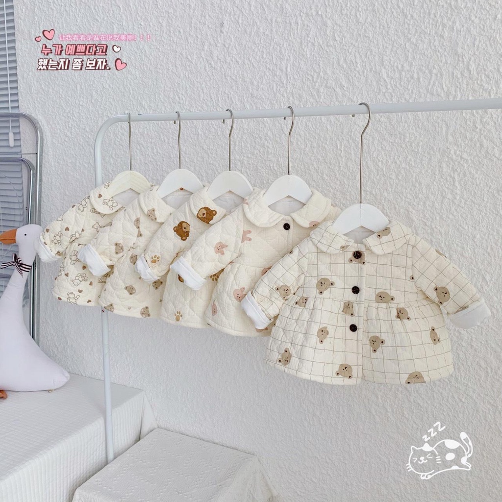 Áo khoác váy vải xô muslin trần bông cho bé gái 0 tới 12kg