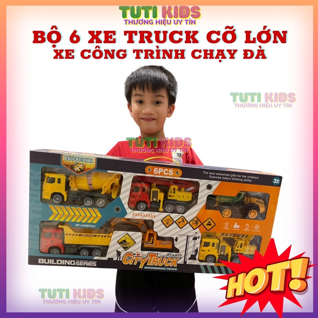 Bộ 6 xe công trình cỡ lớn có chạy đà, quà tặng sinh nhật cho bé trai, đồ chơi xe cho bạn trai, quà noen, tutikids