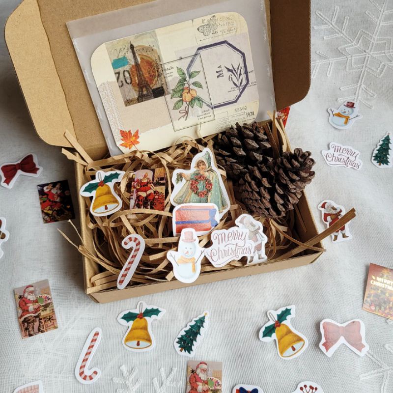 Hộp quà Noel kèm rơm - dây thừng - giấy pelure tự decor phong cách vintage chúc mừng Christmas Giáng Sinh