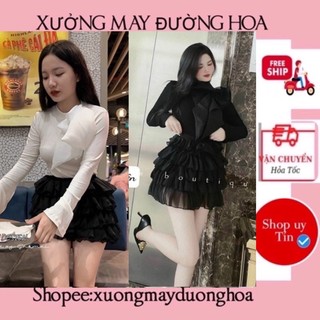 Sét áo len tăm cổ nơ mix chân váy tầng siêu đẹp