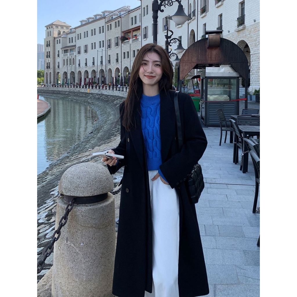 Áo Sweater Dệt Kim Dáng Ngắn Màu Xanh Dương Thời Trang Thu Đông Mới Cho Nữ