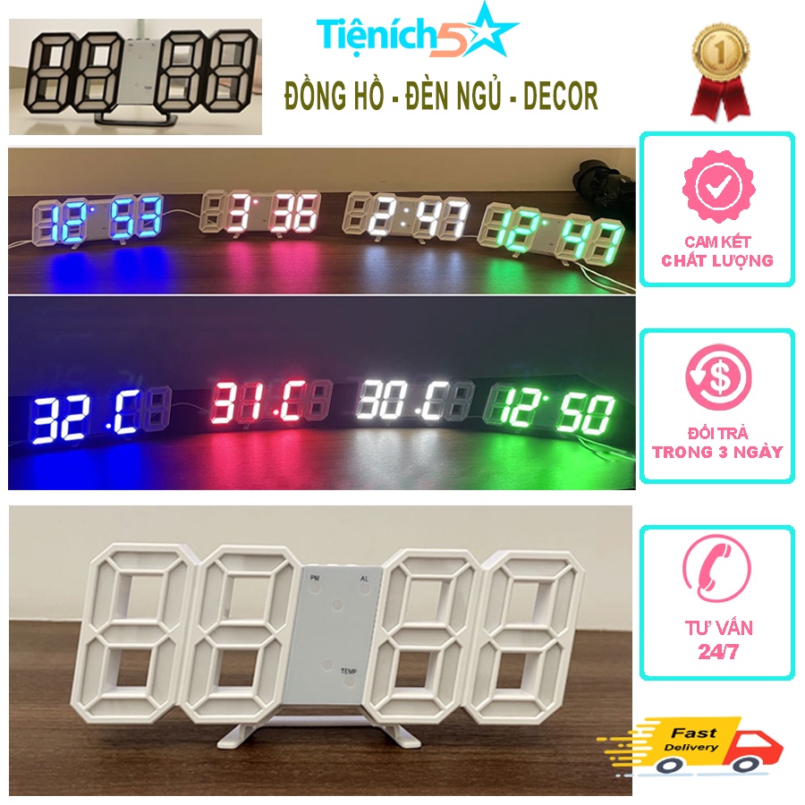Đồng Hồ Đèn LED 3D Nhiều Màu Để Bàn - Treo Tường Cảm Ứng Ánh Sáng Thông Minh Đồng Hồ Báo Thức Đèn Ngủ Decor Trang Trí