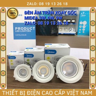  Đèn âm trần Xoay Góc MIDEA 3W, 6W, 9W, lỗ khoét 50 - 95mm, Chip COB chỉnh góc chiếu điểm, bảo hành 2 năm