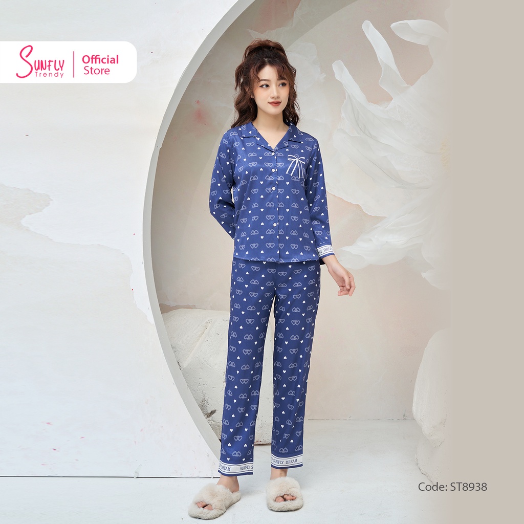 Bộ Đồ Mặc Nhà Nữ Pijamas Lụa Vân Gỗ Sunfly Áo Dài Quần Dài ST8938