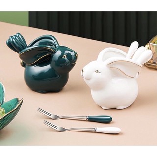 Set 6 dĩa kèm giỏ sứ thỏ bắc âu cao cấp, lẵng sứ cao cấp kèm 6 nĩa inox cán sứ, hũ sứ hình thỏ kèm 6 nĩa cán sứ