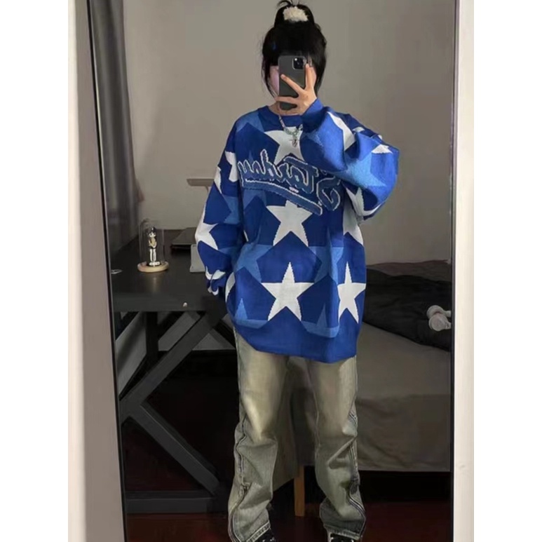 Áo Sweater Dệt Kim Cổ Tròn Dáng Rộng In Hình Ngôi Sao Thời Trang Thu Đông Hàn Quốc Cho Nữ