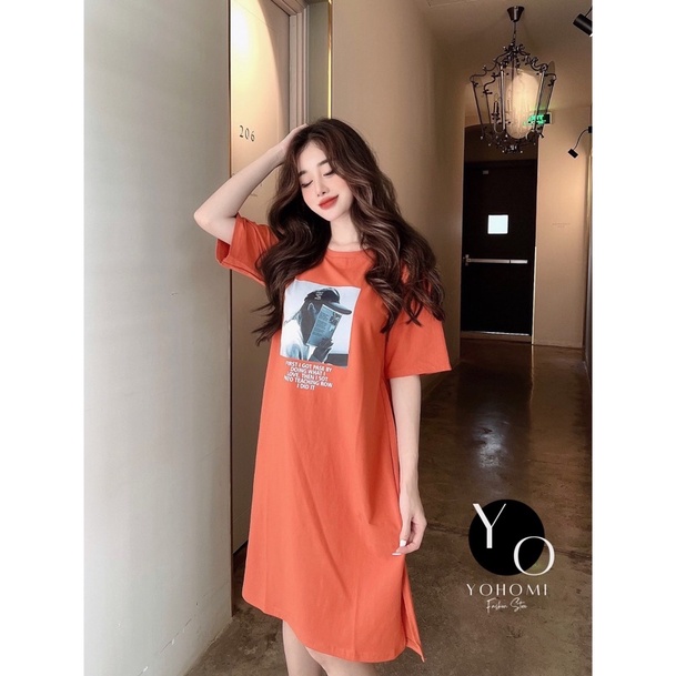 Đầm thun bầu bigsize dáng suông xẻ tà form dài dưới 80kg màu vàng