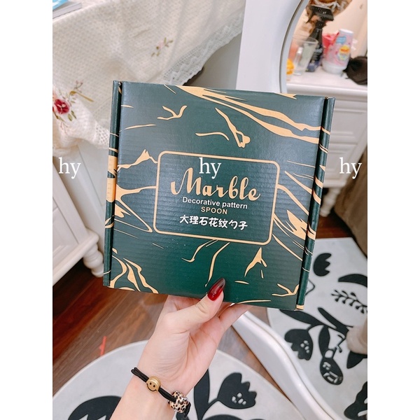 Bộ 6 Thìa Mạ Vàng Cán Xanh Lam Vân Đá Phong Cách Bắc Âu