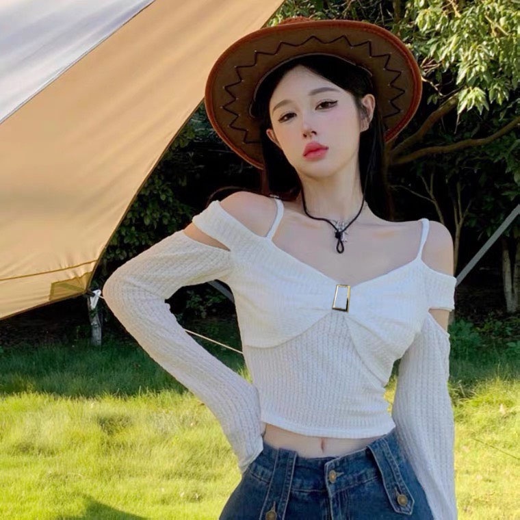 Áo croptop tay dài HAGA áo trễ vai nơ ngực sang trọng ATVN66