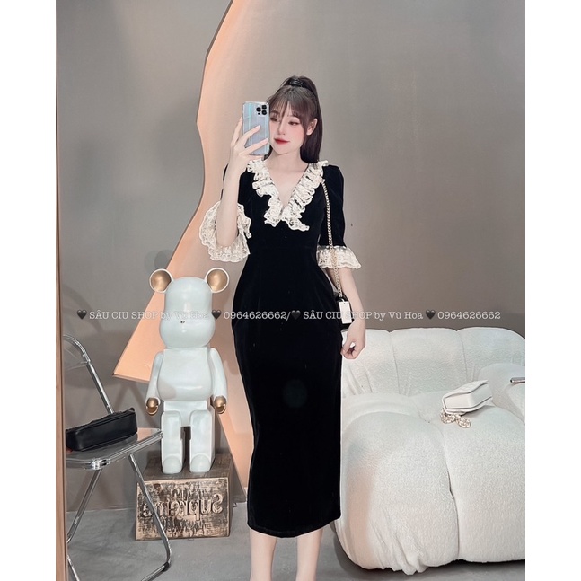 VÁY NHUNG ĐEN BODY CỔ V BÈO PHỐI REN 2 SIZE