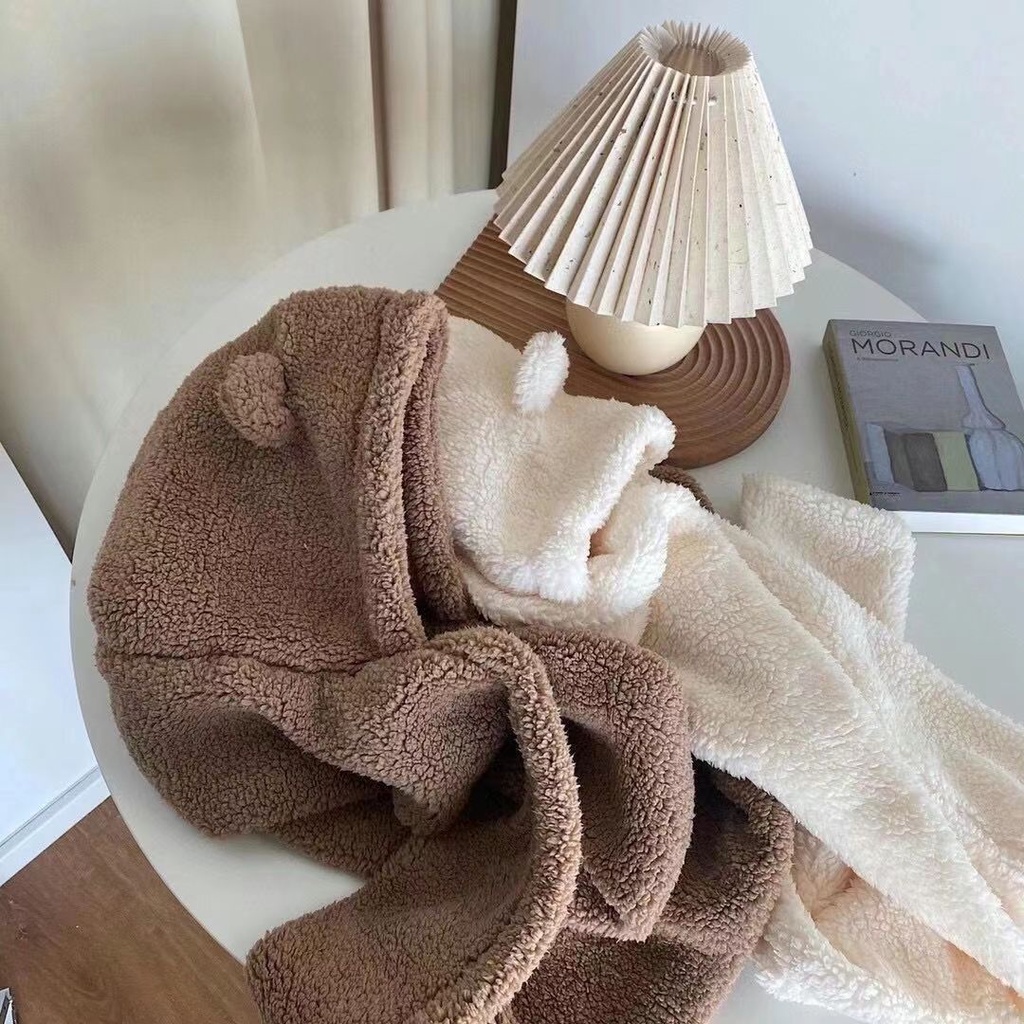 Mũ Lông Cừu Tai Gấu 3 in 1 Kèm Khăn Quàng Cổ Và Găng Tay Ấm Áp Cho Nữ Mùa Đông