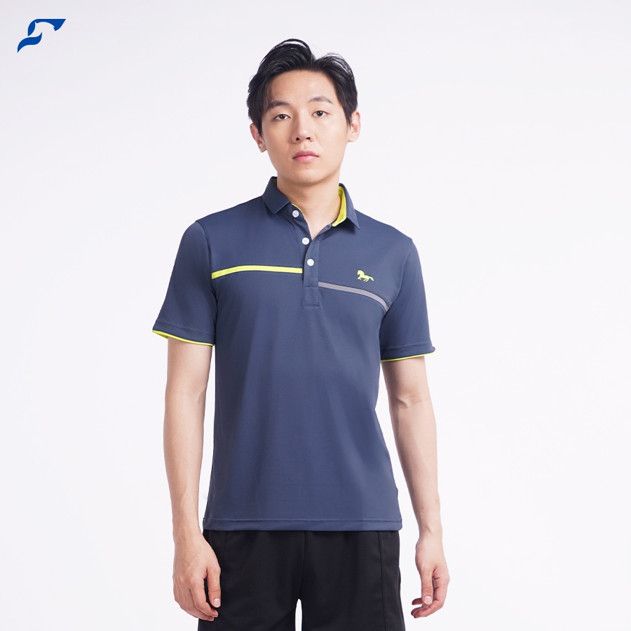 Áo thể thao nam cổ trụ FIMA thun lạnh co giãn xanh đen kẻ dạ quang