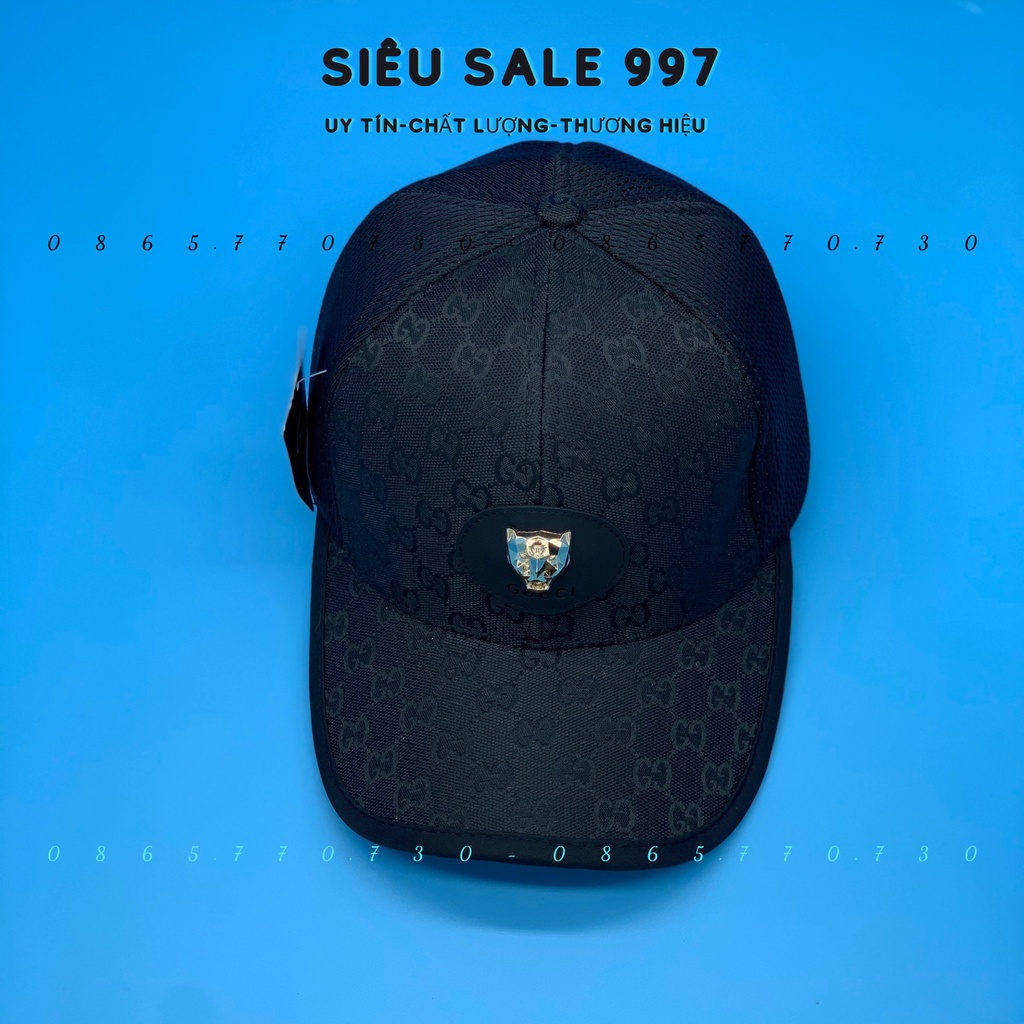 MŨ LƯỠI TRAI GUCI ĐÍNH LOGO KIM LOẠI ĐẦU SÓI PHỐI LƯỚI XỐP FULL ĐEN CAO CẤP