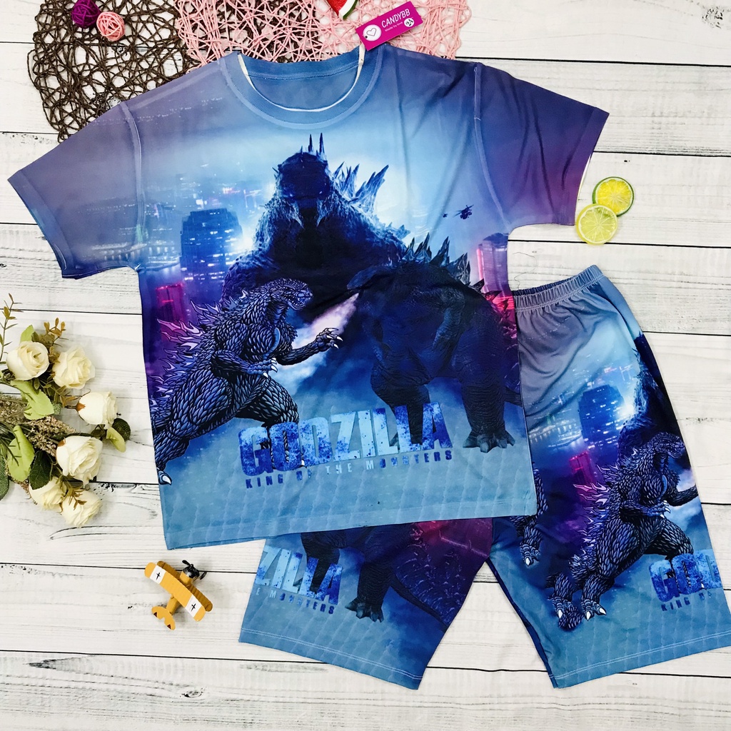 Đồ bộ thun lạnh bé trai in hình Godzilla đại chiến King Kong cực ngầu, bộ thun thoáng mát, thấm hút mồ hôi 10kg đến 60kg