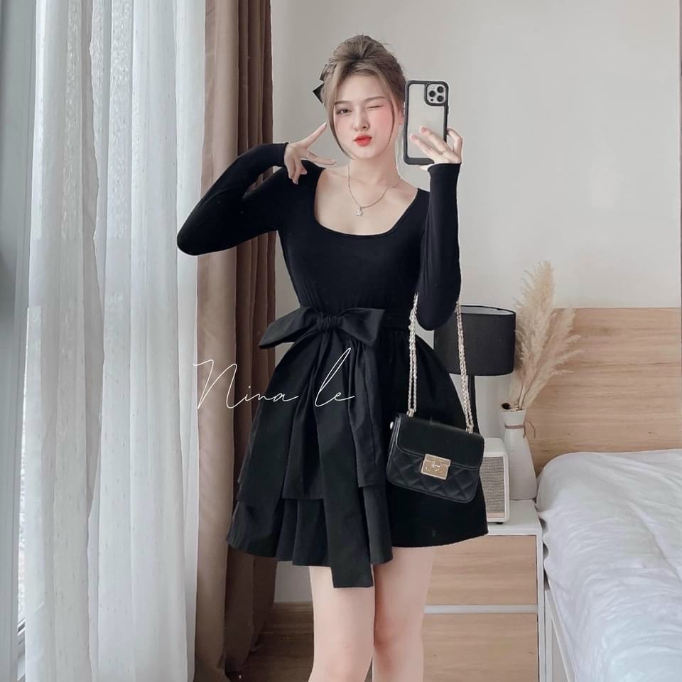 Set váy nữ EVANIA set váy tiểu thư dáng xòe thiết kế có nơ thắt eo sang chảnh, váy dự tiệc màu Đen MÃ B250