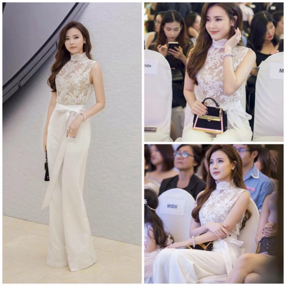 🔥𝓠𝓾ả𝓷𝓰 𝓒𝓱â𝓾 CAO CẤP🔥 Jumsuit dài kiểu cổ lộ pha ren cột dây eo màu trắng vải tuyết mưa ren ladyvin