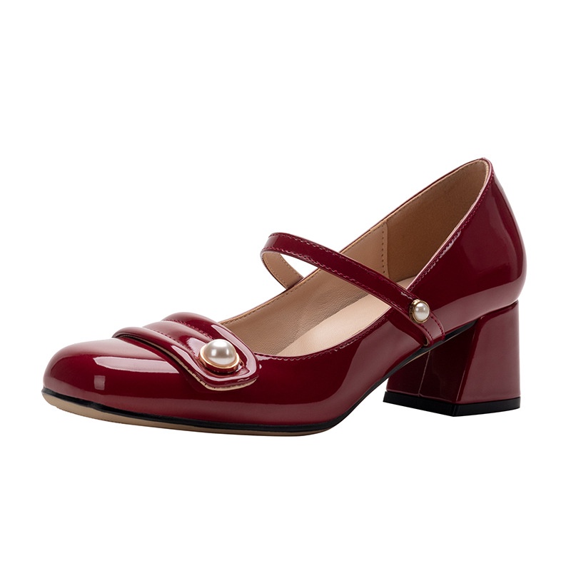 Giày Mary Jane Da Bóng Gót Dày Mũi Vuông Cài Khóa Đính Ngọc Trai Phong Cách Hàn Quốc Thời Trang Mùa Thu 2022