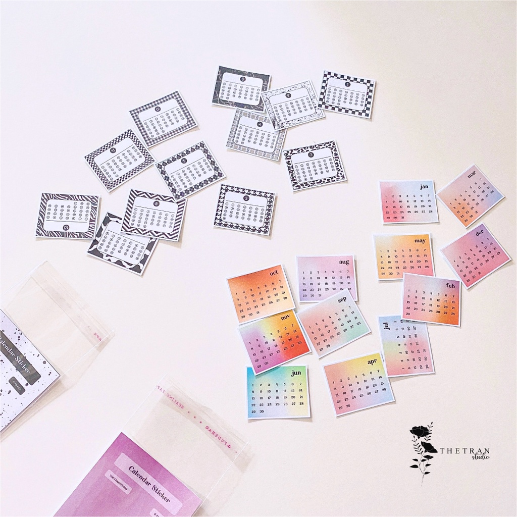 Bộ 12 sticker cute lịch mini dùng cho tất cả các năm / calendar sticker / thetranstudio