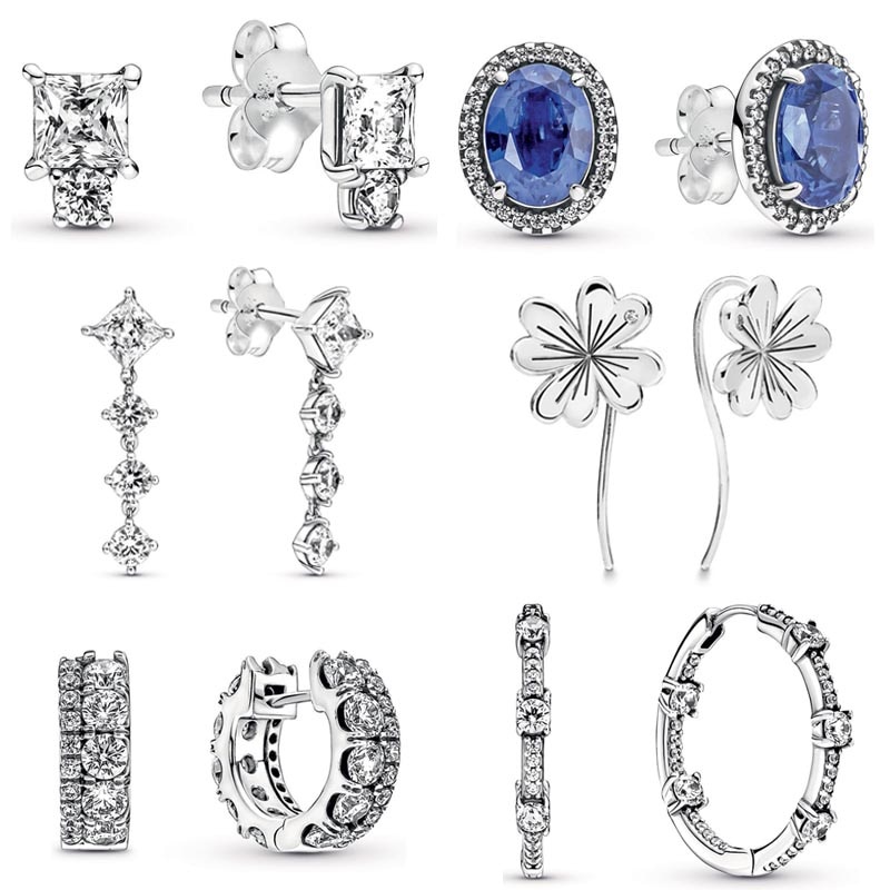 PANDORA Bông Tai Mạ Bạc 925 Hình Cỏ Bốn Lá May Mắn