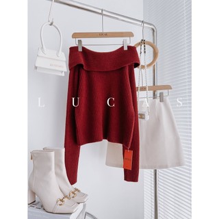 Áo len tăm đỏ trễ vai tay dài dáng basic