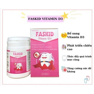 Viên ngậm faskid d3 bổ sung vitamin d3, 400iu/viên, dùng được 2 tháng. vitamin d cho trẻ em