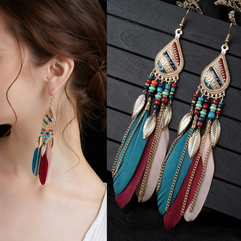 Bông Tai Dáng Dài Phối Lông Vũ Phong Cách Bohemian Thời Trang Cho Nữ