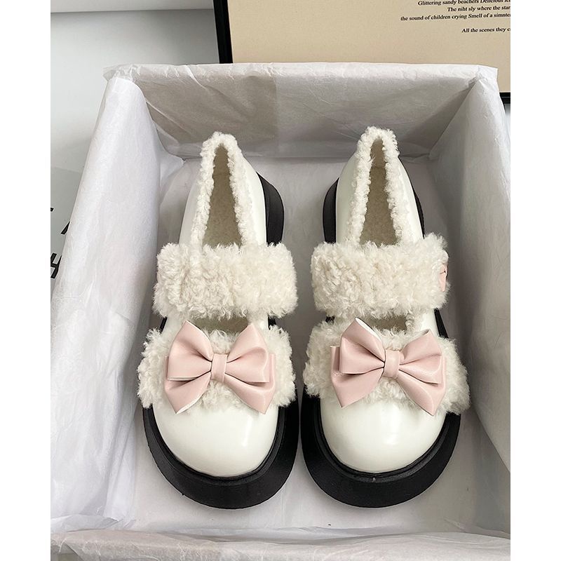 Giày Lười Da Lót Lông Dày Dặn Đính Nơ Thời Trang Thu Đông Cho Nữ